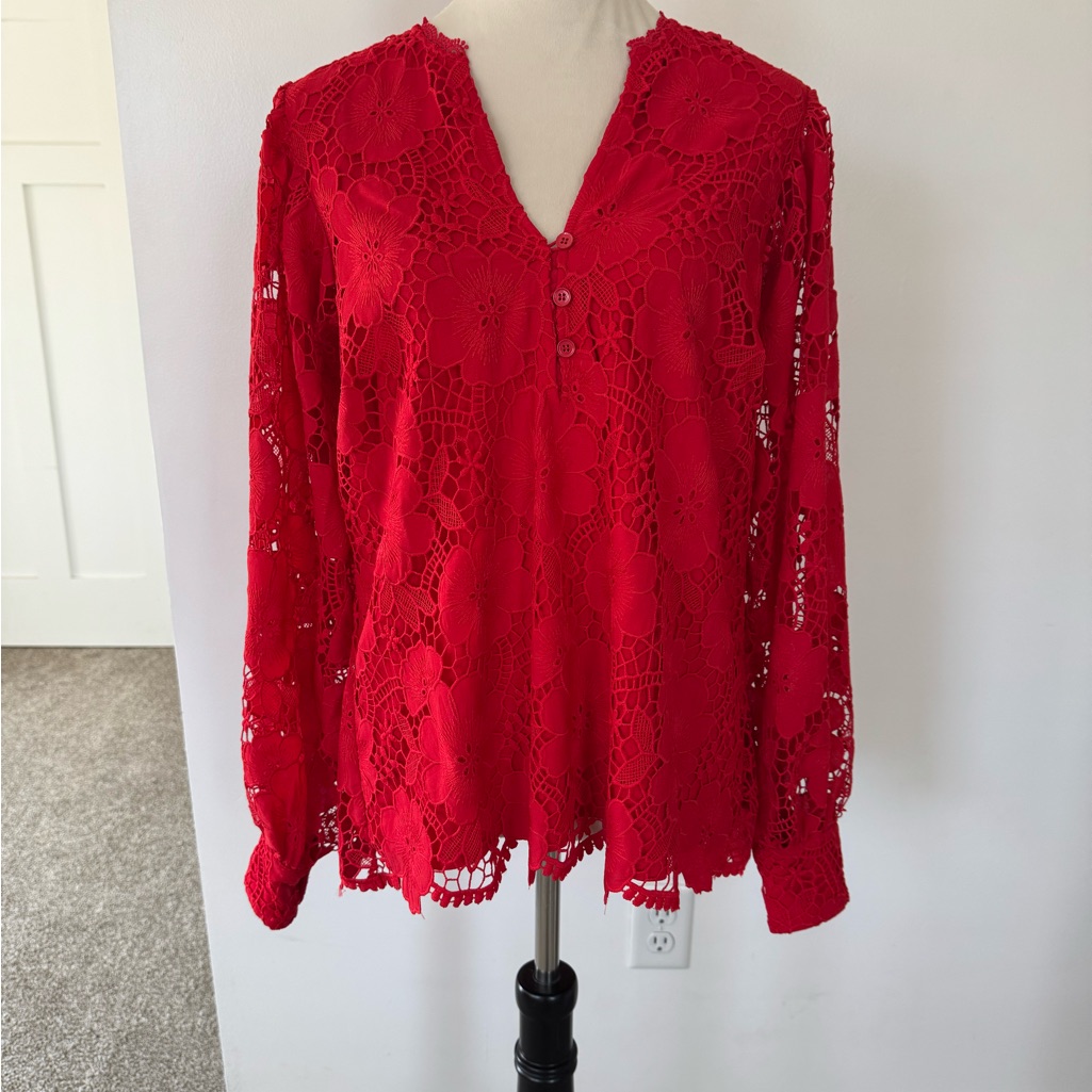 Hale Bob Red Long Sleeve Embroidered Blouse